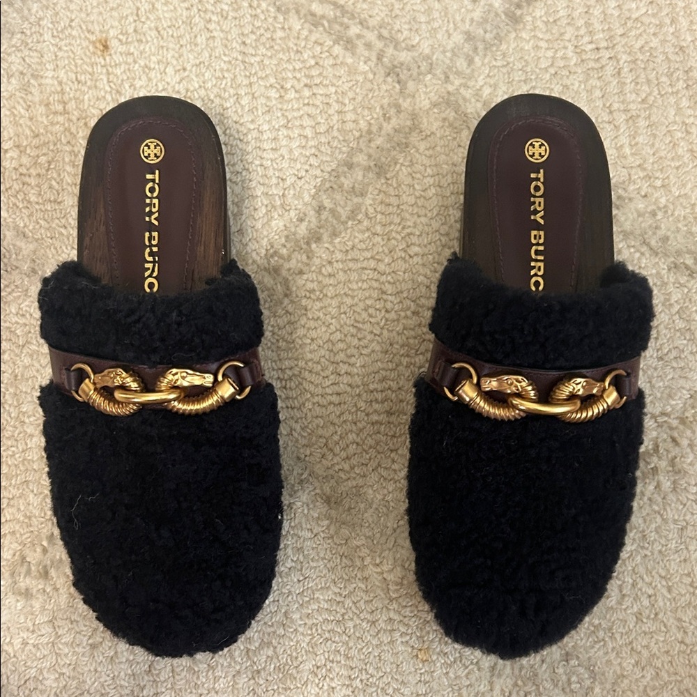 Tory Burch Black Shearling Clogs with Gold Chain